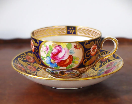 Antique Crown Staffordshire Imari Hand-Painted Cup & Saucer Set - 2 Piece Set - Floral Gilt c. 1910 Cobalt Blue 22k Gold Gilding