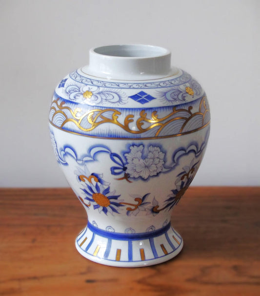 J.L Coquet Limoges Porcelain Vase – Paradis Blue & White, Gold Gilded, French Oriental Floral Rococo, 25cm (10")