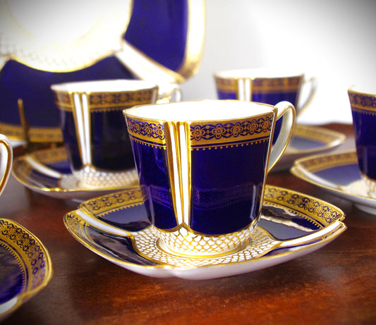 Antique Spode Copeland’s England Tea Set | Cobalt Blue Gold | Scalloped Gold Cups & Saucers | R5437 | English Bone China Tea Service c. 1900