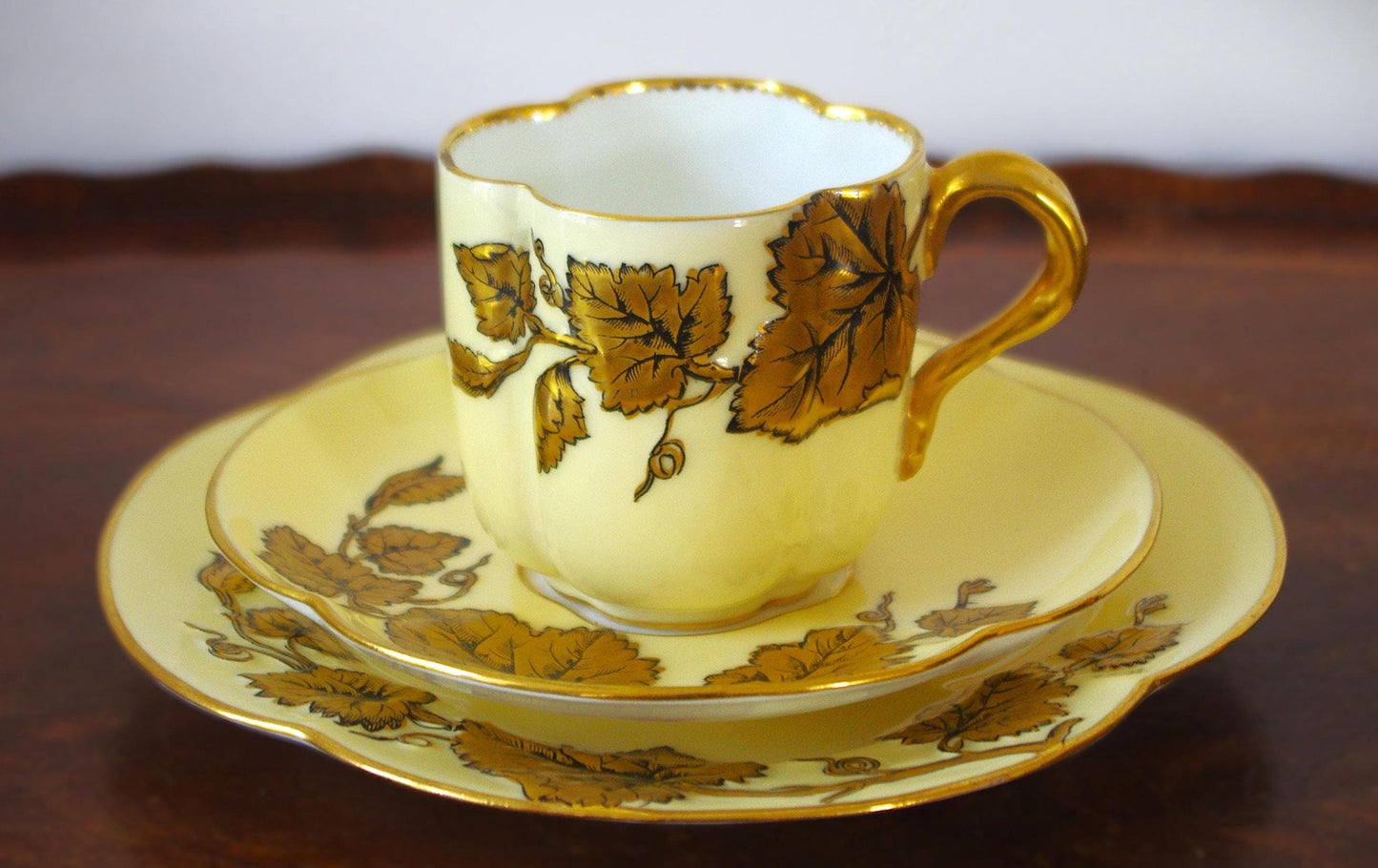 Coalport Cup & Saucer Quatrefoil Rare Gold Antique England - Two Piece Set - 1875 – 1881