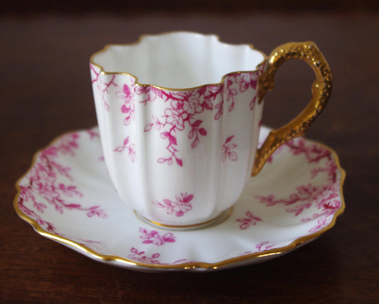 Rare Pink Coalport Cup & Saucer Set with Quatrefoil Design - Late 1800s Antique England