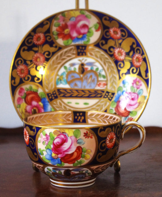 Antique Crown Staffordshire Imari Hand-Painted Cup & Saucer Set - 2 Piece Set - Floral Gilt c. 1910 Cobalt Blue 22k Gold Gilding