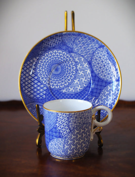 Royal Worcester Japonisme Cup & Saucer 2 Piece Set - Blue & White 1877 - B332x