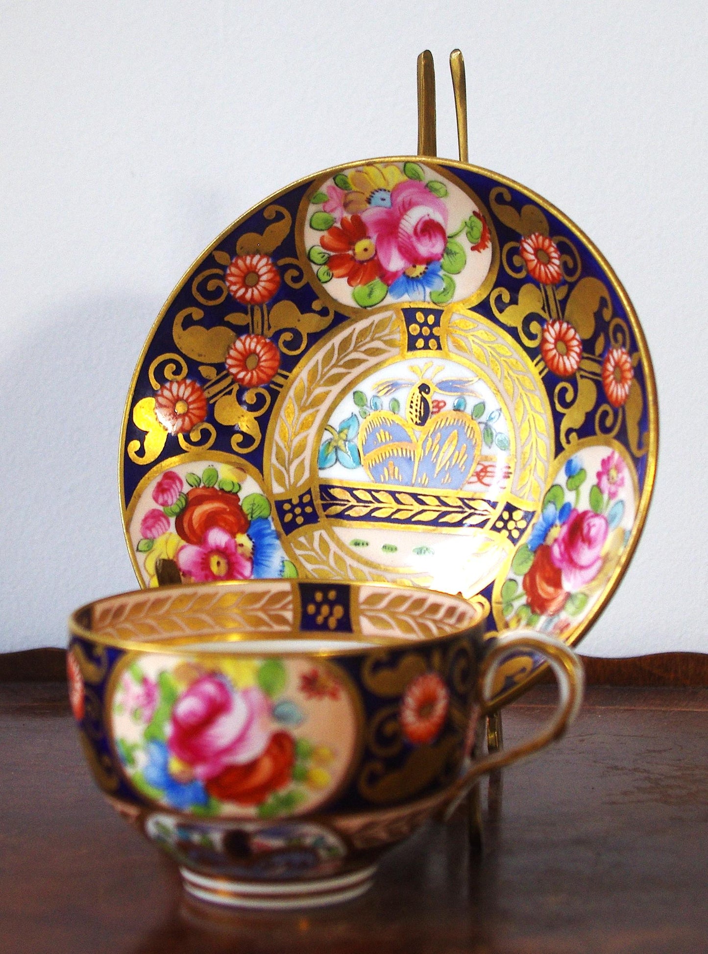 Antique Crown Staffordshire Imari Hand-Painted Cup & Saucer Set - 2 Piece Set - Floral Gilt c. 1910 Cobalt Blue 22k Gold Gilding