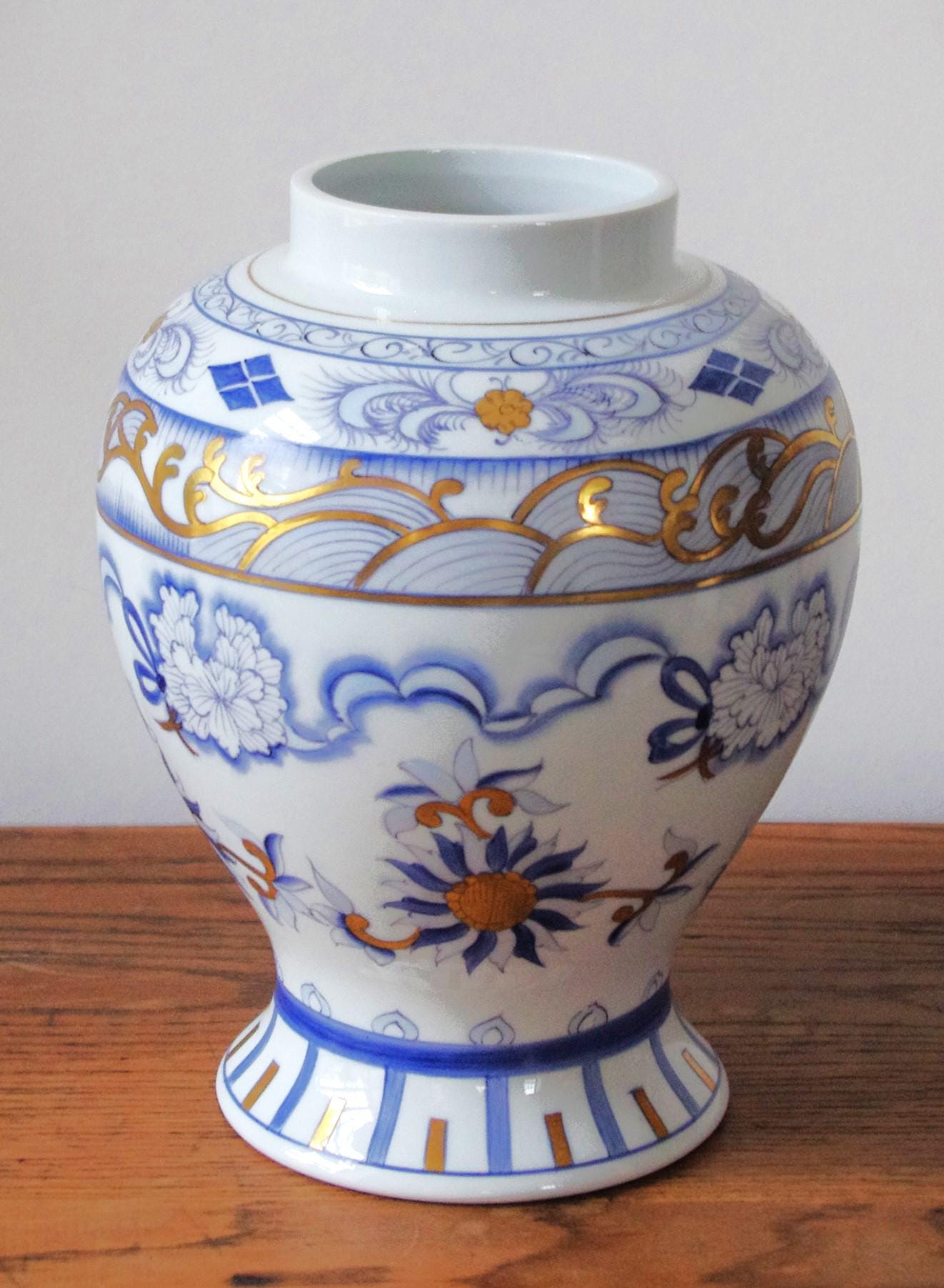 J.L Coquet Limoges Porcelain Vase – Paradis Blue & White, Gold Gilded, French Oriental Floral Rococo, 25cm (10")