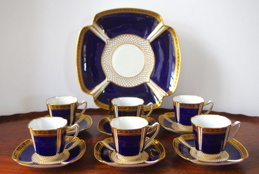 Antique Spode Copeland’s England Tea Set | Cobalt Blue Gold | Scalloped Gold Cups & Saucers | R5437 | English Bone China Tea Service c. 1900